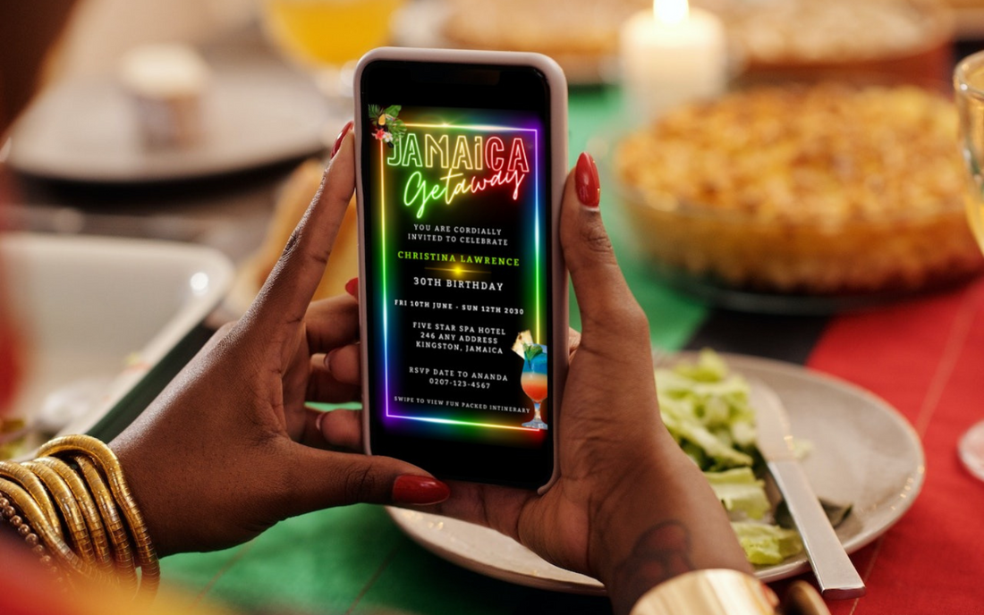 woman holding a black mobile phone displaying an animated destination itinerary digital invite by URCordiallyInvited