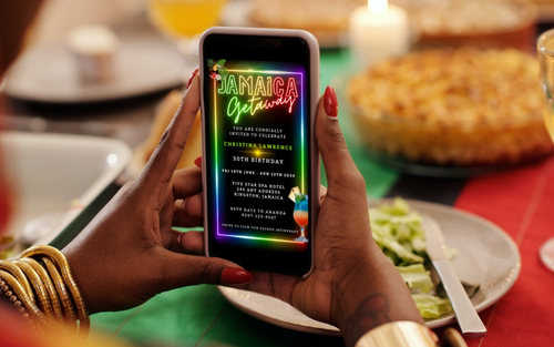 woman holding a black mobile phone displaying an animated destination itinerary digital invite by URCordiallyInvited