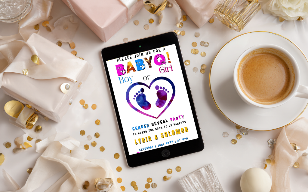 black tablet displaying an animated customisable babyq invite by URCordiallyInvited
