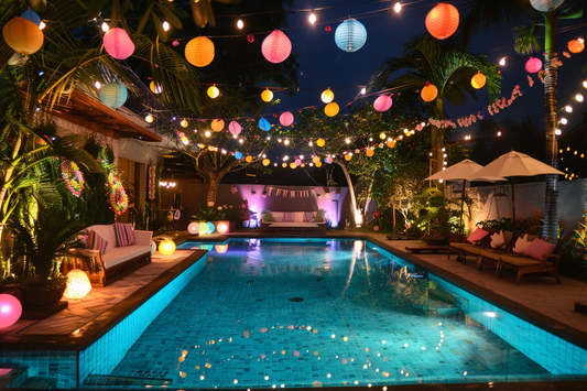 glowing party confetti neon balloons party decorations over a swimming pool at nigh by URCordiallyInvited