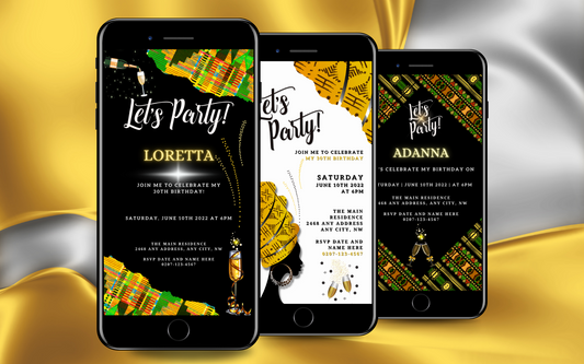 a row of 3 black mobile phones displaying African themed digital invitations with white, black, kente and ankara backgrounds by URCordiallyInvited
