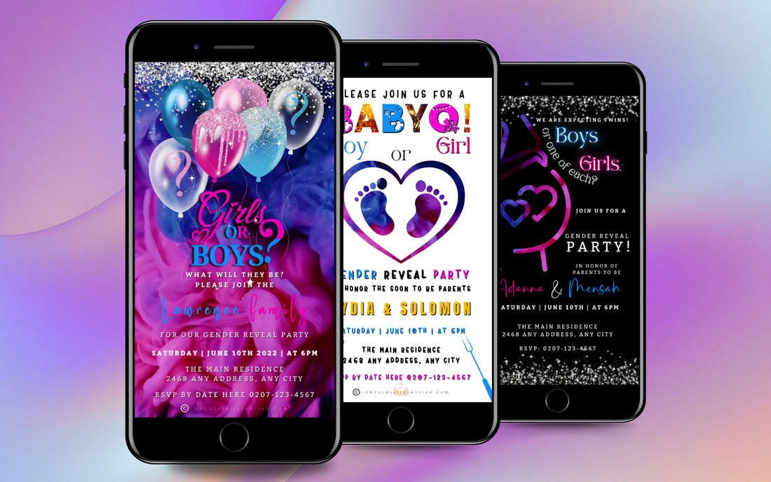 a row of 3 black mobile phones displaying customisable digital animated twins gender reveal invitations by URCordiallyInvited digital invites