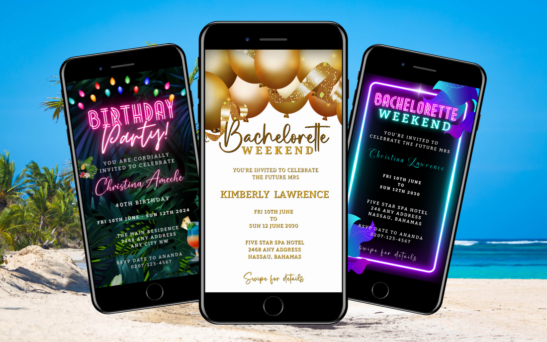 a row of 3 black mobile phones displaying bachelorette destination invitations by URCordiallyInvited