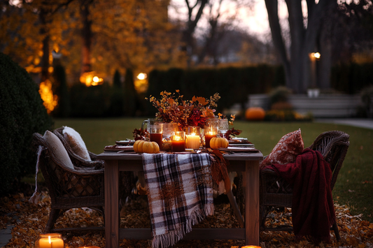 A vibrant outdoor décor, a rustic outdoor table, warm lighting, golden leaves, candles, blankets on chairs, mugs of cider, elegant fall-themed table décor with pumpkins and gourds, twilight sky, cosy and festive atmosphere by URCordiallyInvited