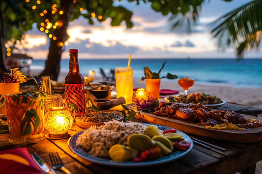beach food closup caribbean on a sunset beach tropical palm trees by URCordiallyInvited customisable canva thanksgiving invites
