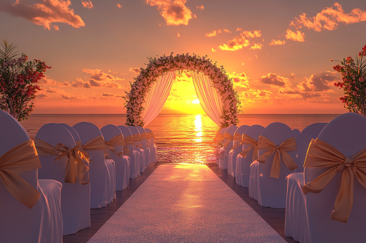 beach wedding decor on a sunset beach by URCordiallyInvited digital wedding invitations