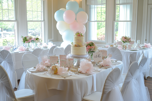 A beautifully decorated bridal shower setup in soft pastel tones, featuring an elegant table adorned with floral centrepieces by URCordiallyInvited