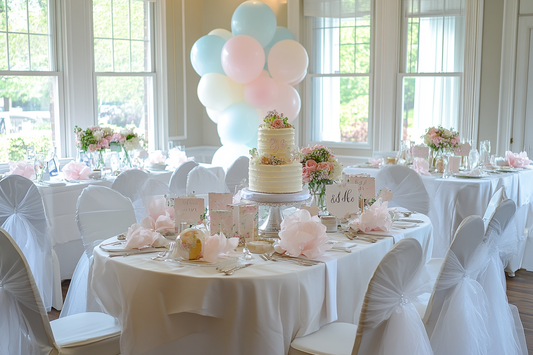 A beautifully decorated bridal shower setup in soft pastel tones, featuring an elegant table adorned with floral centrepieces by URCordiallyInvited