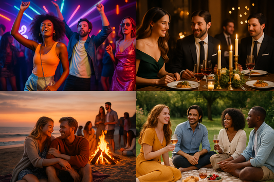 collage of various party celebrations disco, garden beach restaurant by URCordiallyInvited customisable animated Canva invitations