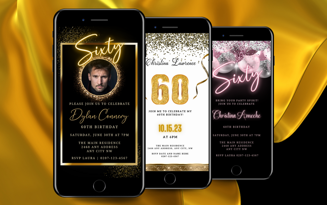 a row of 3 black mobile phones displaying customisable 60th digital animated birthday invitations by URCordiallyInvited
