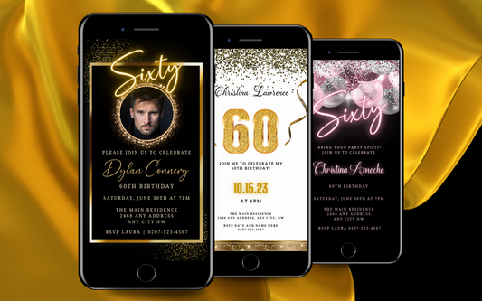 a row of 3 black mobile phones displaying customisable 60th digital animated birthday invitations by URCordiallyInvited