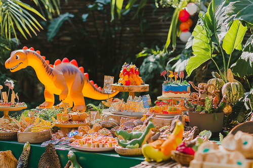 dinosaur themed kids party garden decor by URCordiallyInvited customisable Canva animated dinosaur invitation for all ages