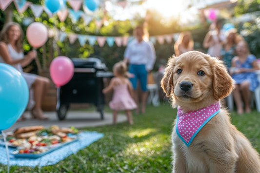 dog wearing blue pink bandana in a garden by URCordiallyInvited digital invites