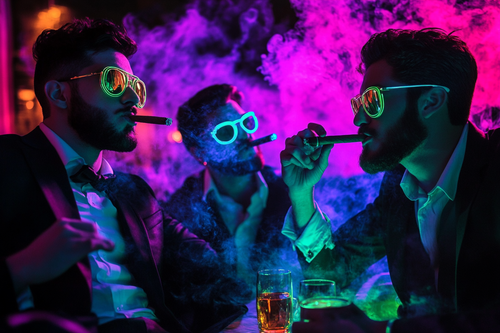 group of young men wearing neon glasses in a neon lit room smoking cigars at a party by URCordiallyinvited