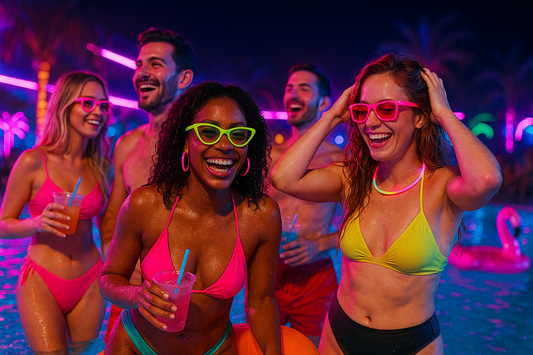 group of young adults enjoying a neon themed pool party with drinks by URCordiallyInvited digital invites