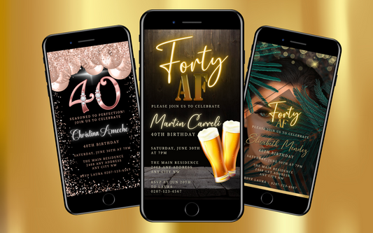 row of 3 black mobile phones displaying 40th birthday digital invites by URCordiallyInvited