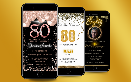 row of 3 black mobile phones displaying 80th birthday customisable digital invitations by URCordiallyInvited