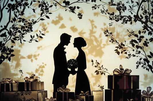 silhouette of a couple surrounded by a collection of their wedding by URCordiallyInvited customisable digital invitations