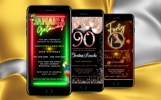 a row of 3 mobile phones displaying customisable animated video invites by URCordiallyInvited