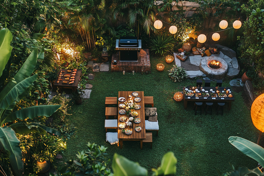 Overhead view of a stylish decadent tropical backyard garden party layout by URCordiallyInvited editable Canva digital invitations