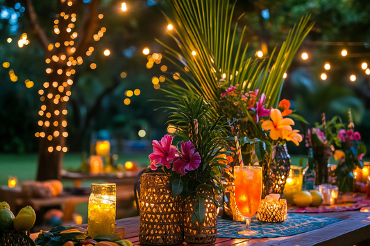 tropical garden party with colourful drinks and palm trees by URCordiallyInvited