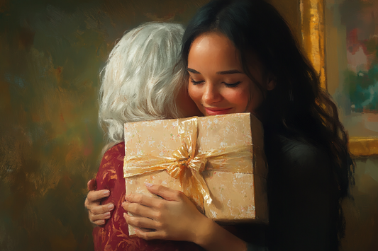 young lady hugging her mother with a birthday present in her hand by URCordiallyInvited digital birthday invites