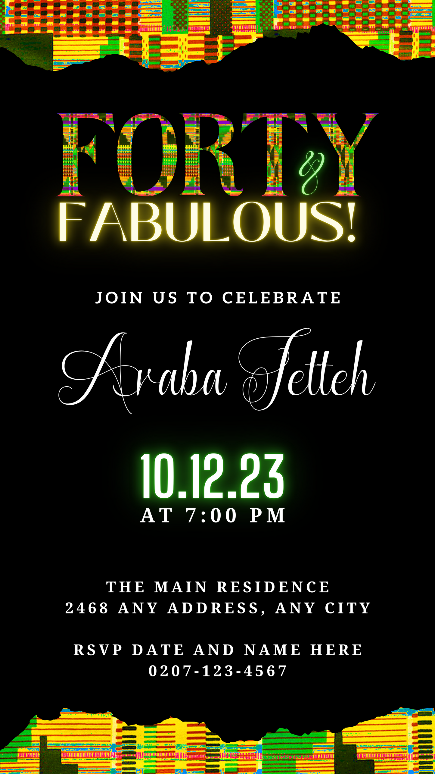 Green Yellow Kente Black | 40 & Fabulous Party Evite, featuring editable text and vibrant design elements, customizable via Canva for electronic sharing.