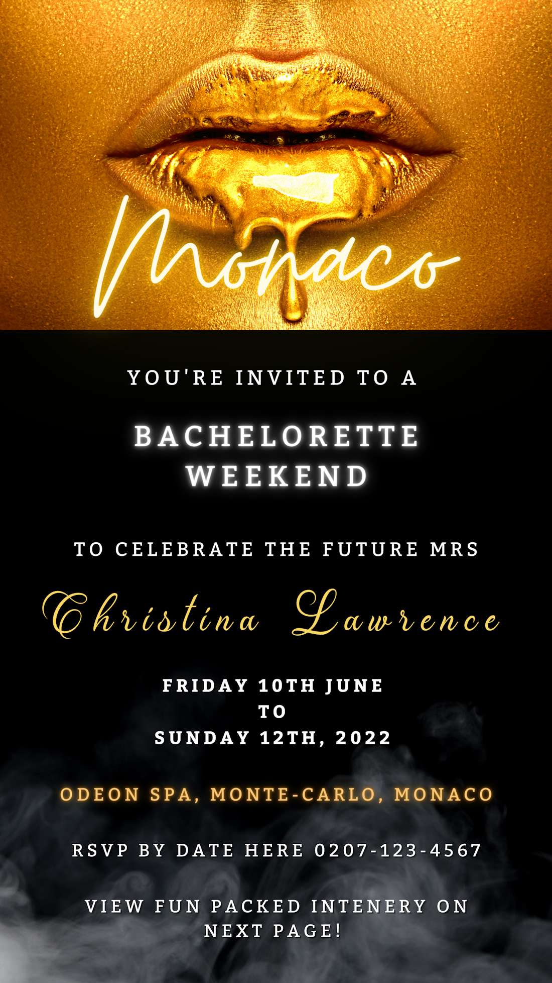 Smoking Gold Hot Lips Neon invitation for Bachelorette Weekend Party, featuring customizable text and gold lips graphic on a sleek black background.