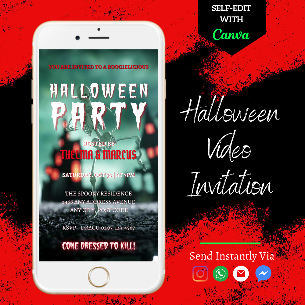 Funny Dancing Skeleton | Halloween Party Video Invite displayed on a white cell phone, showcasing customizable text and features for digital invitations via Canva.