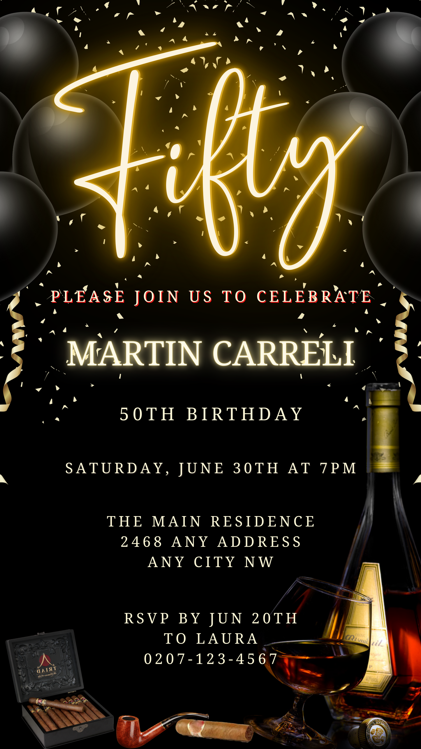 Black Gold Neon Men's 50th Birthday Evite with wine bottle, balloons, and cigars. Editable digital invitation for personal use via Canva.