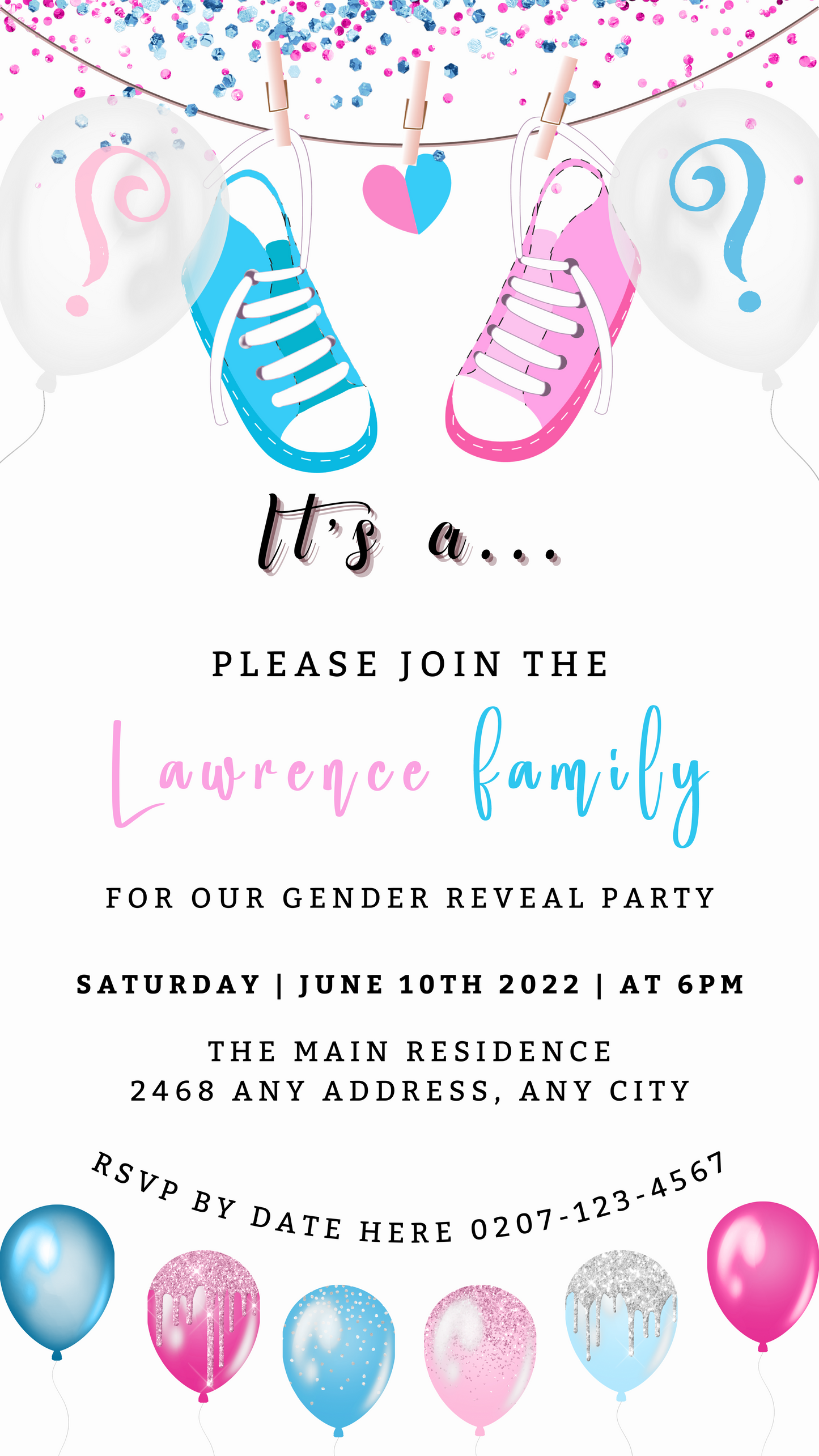 Customisable Digital Hanging Pink Blue Baby Shoes Gender Reveal Evite, featuring pink and blue shoes and balloons, editable via Canva for easy smartphone sharing.