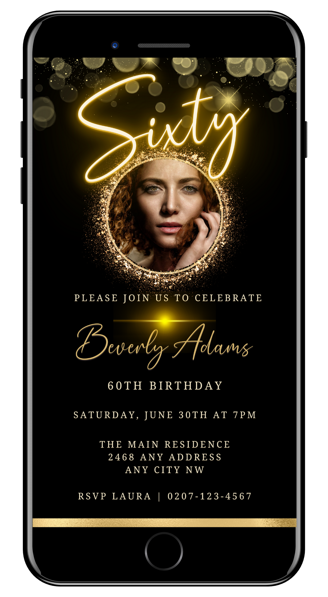 Gold Neon W/Oval Photo Frame 60th Birthday Evite displayed on a smartphone with a woman's face and decorative lights.