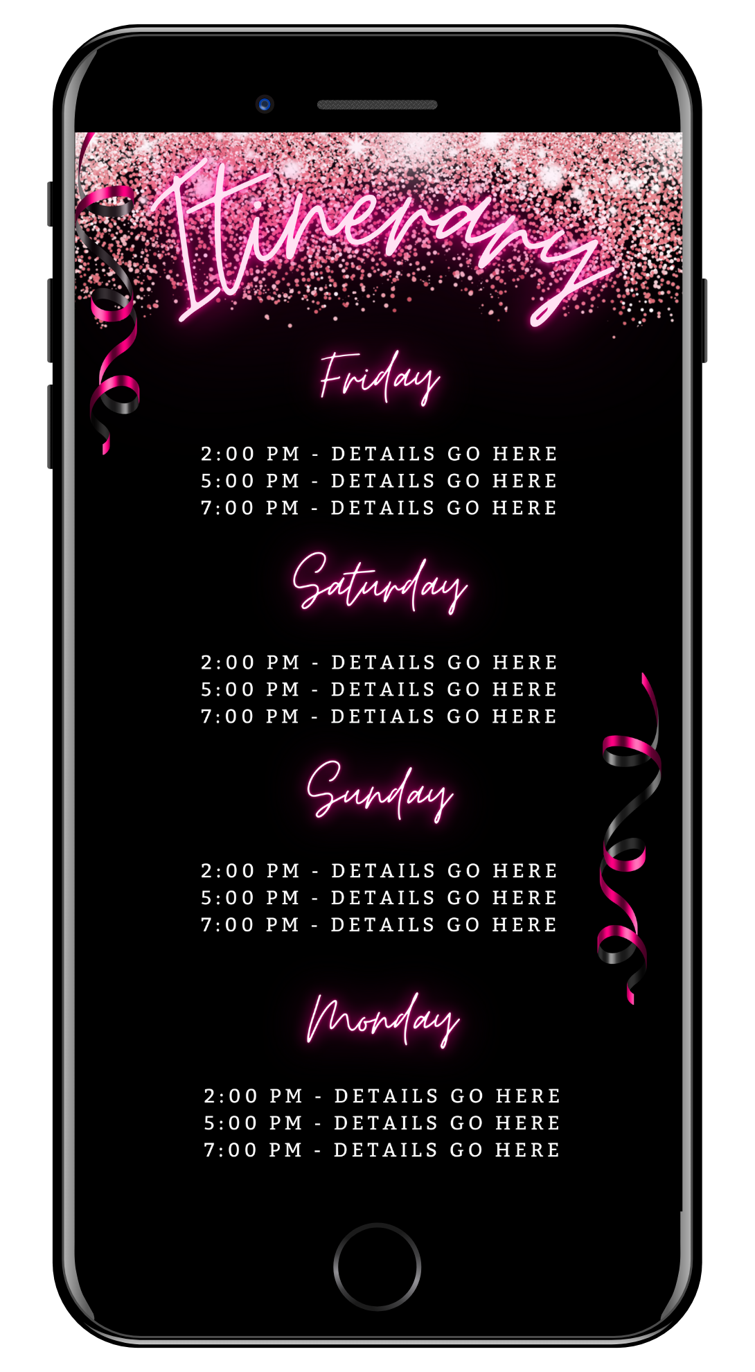Digital Neon Pink Glitter Confetti | Birthday Getaway Party Evite displayed on a smartphone screen, showcasing customizable invitation text and confetti design elements for easy personalization.