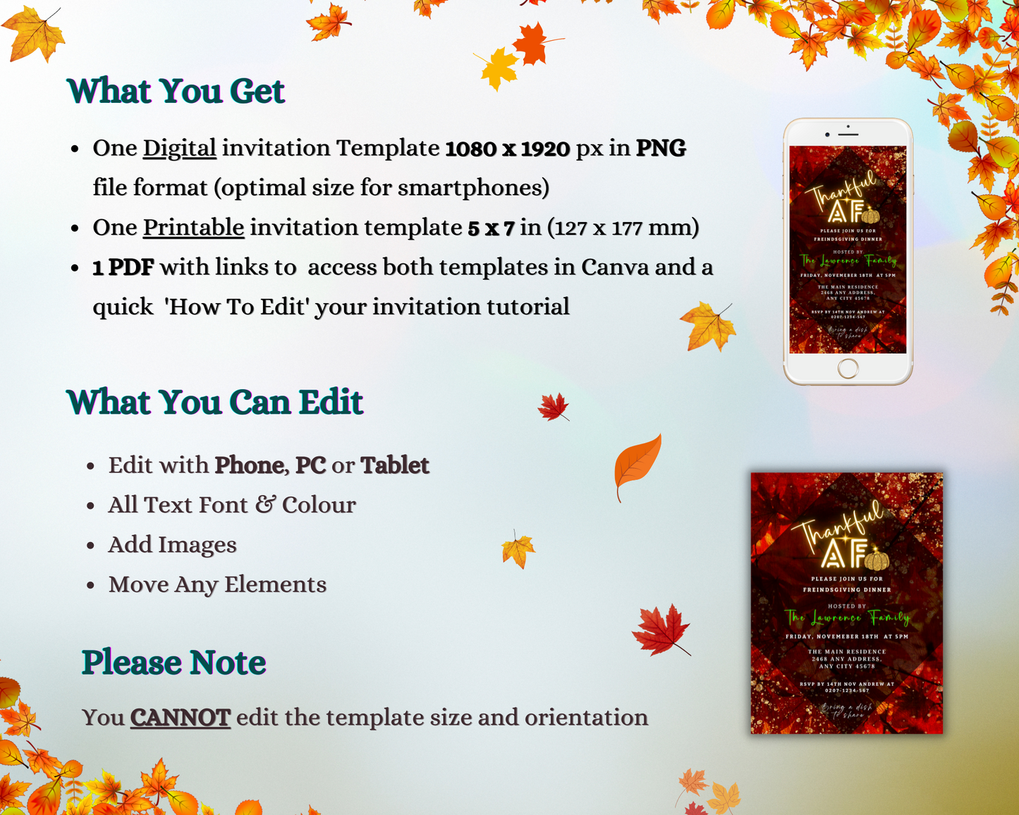 Rustic Red Gold Leafy Thanksgiving Evite template displayed on a smartphone screen, with editable text and design elements for customization via Canva.