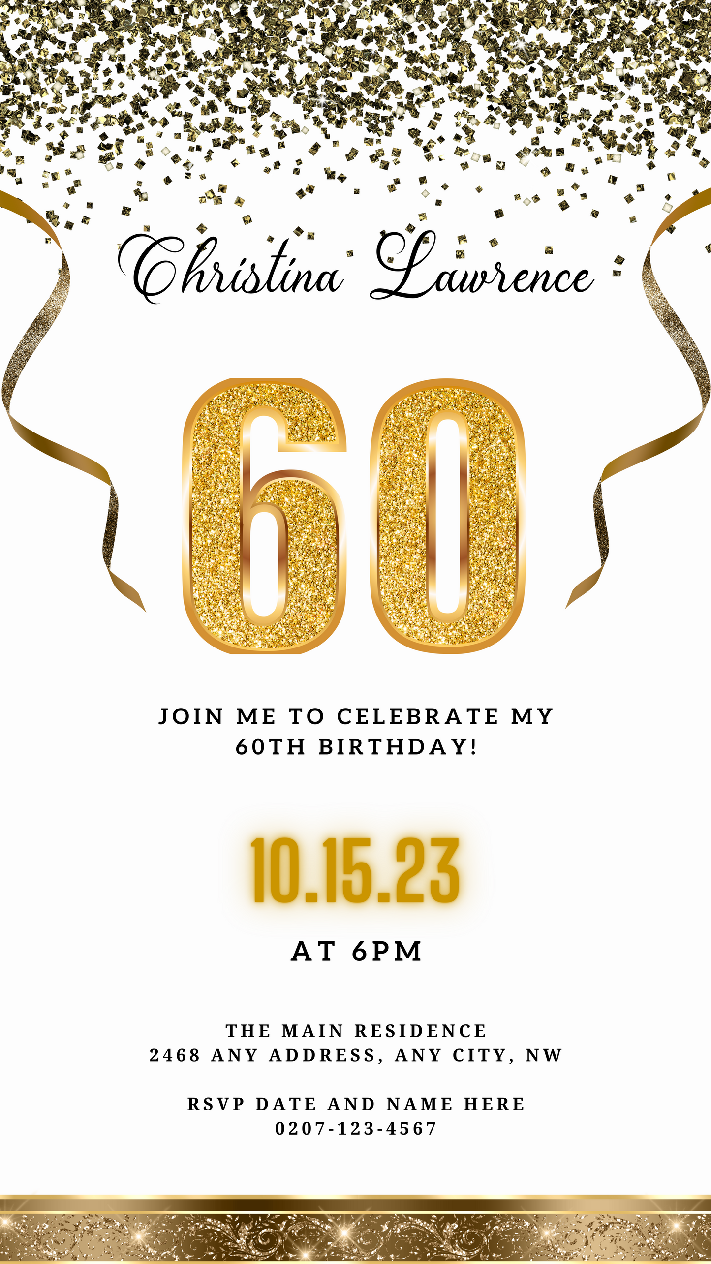Customisable Digital White Gold Confetti 60th Birthday Evite with gold numbers and glittery ribbons, editable via Canva for smartphones.