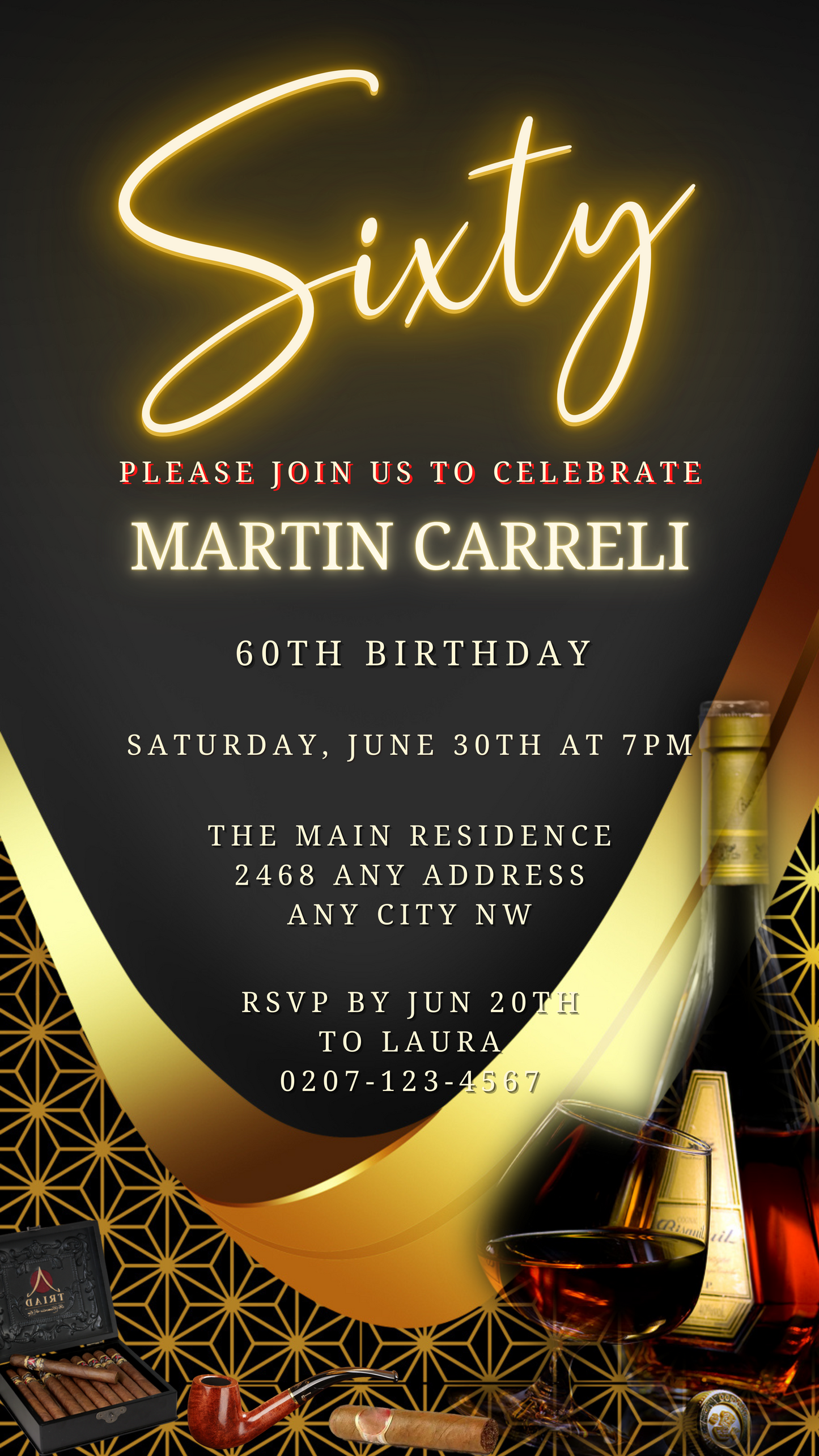 Black Gold Neon Cigar Men's 60th Birthday Evite, featuring a customizable digital invitation with black and gold design, wine bottle, and cigar elements.