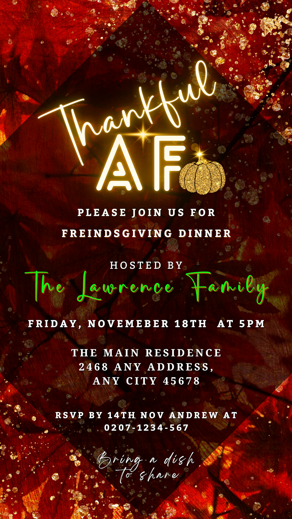 Thanksgiving invitation with leaves and pumpkin, titled Rustic Red Gold Leafy | Thankful AF Thanksgiving Evite, customizable via Canva for digital sharing.