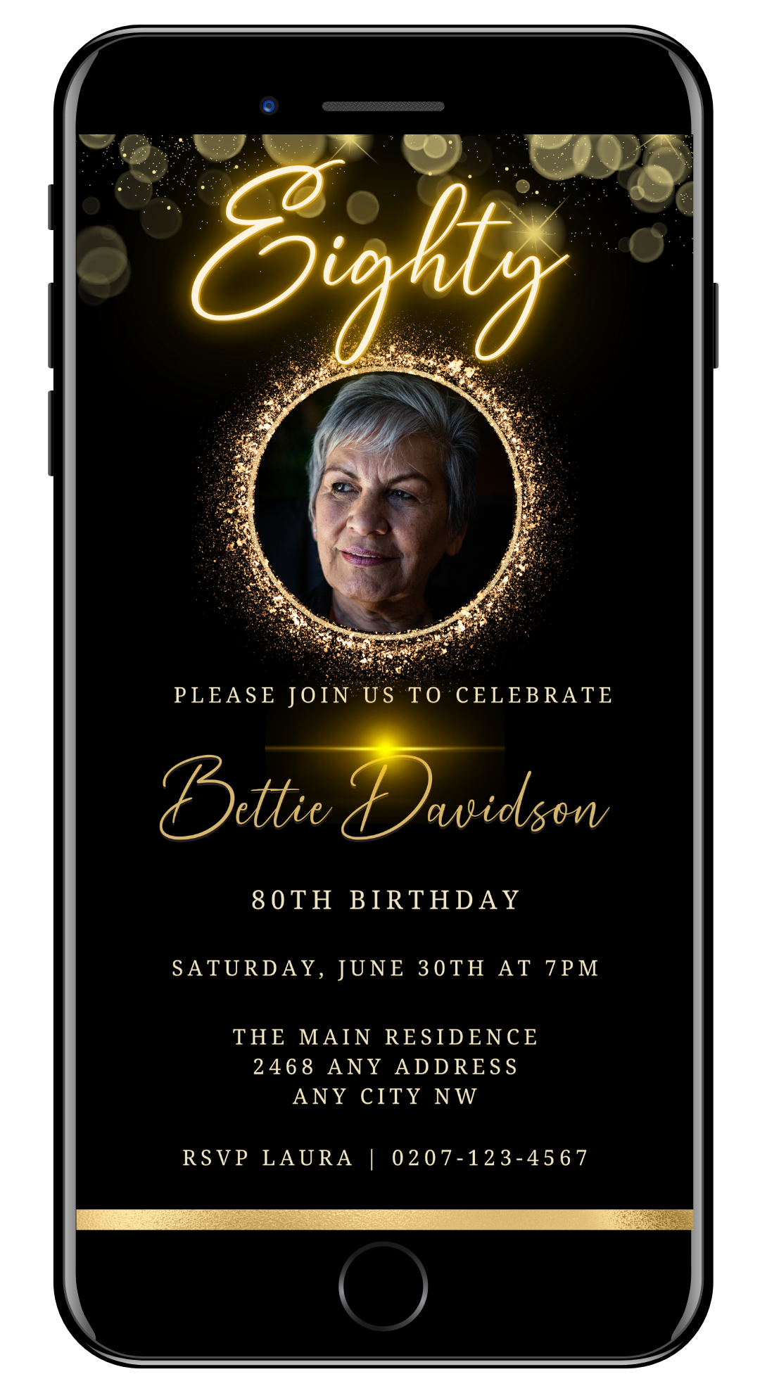 Customisable Digital Gold Neon 80th Birthday Evite displayed on a smartphone screen with a photo of a woman, editable via Canva for easy sharing.