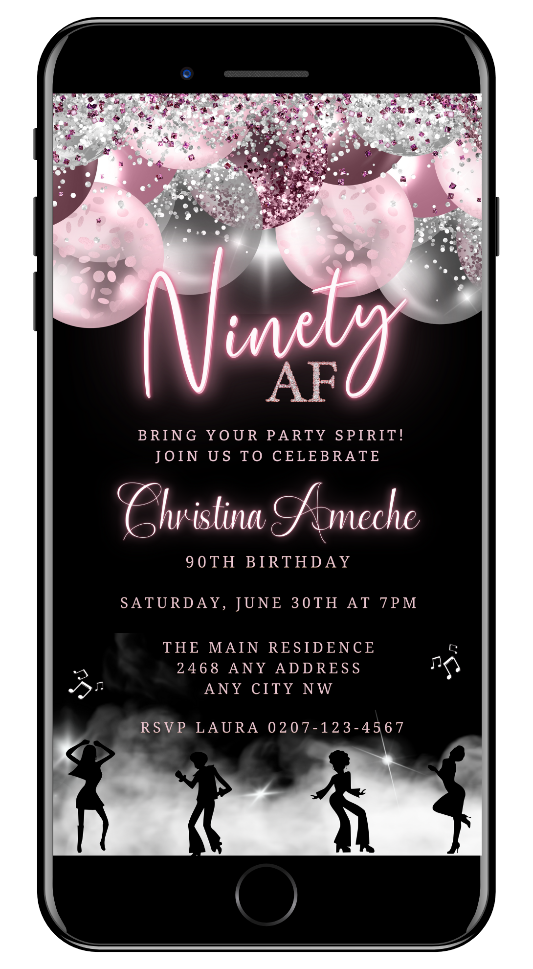 Customizable digital birthday evite featuring silhouettes and balloons, designed for smartphones. Personalize with Canva for easy sharing via text, email, and social media.
