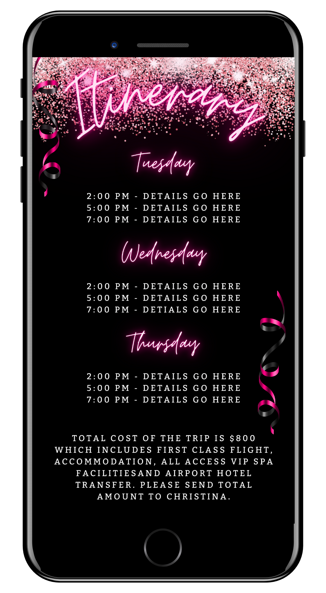 Neon Pink Glitter Confetti Birthday Getaway Party Evite displayed on a smartphone screen with customizable text and pink confetti design elements.
