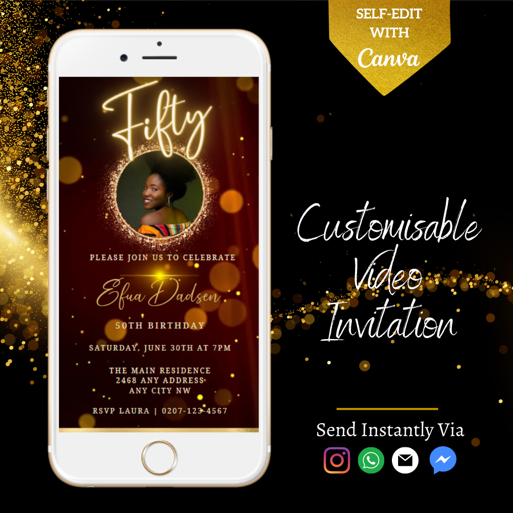 Customizable Digital Maroon Gold Neon 50th Birthday Video Invitation displayed on a white smartphone screen with a smiling woman’s portrait.