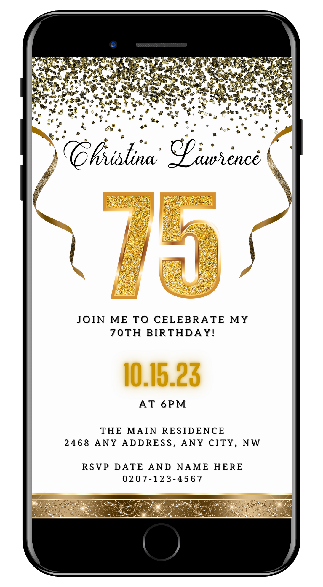 Customisable White Gold Confetti 75th Birthday Evite for smartphones, featuring gold text and confetti. Editable via Canva, ideal for digital invitations.