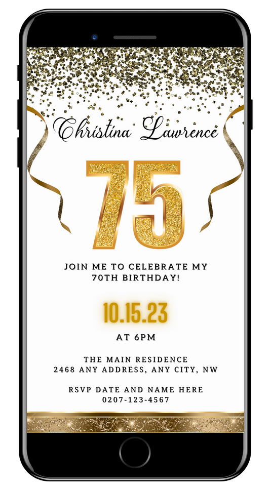 Customisable White Gold Confetti 75th Birthday Evite for smartphones, featuring gold text and confetti. Editable via Canva, ideal for digital invitations.