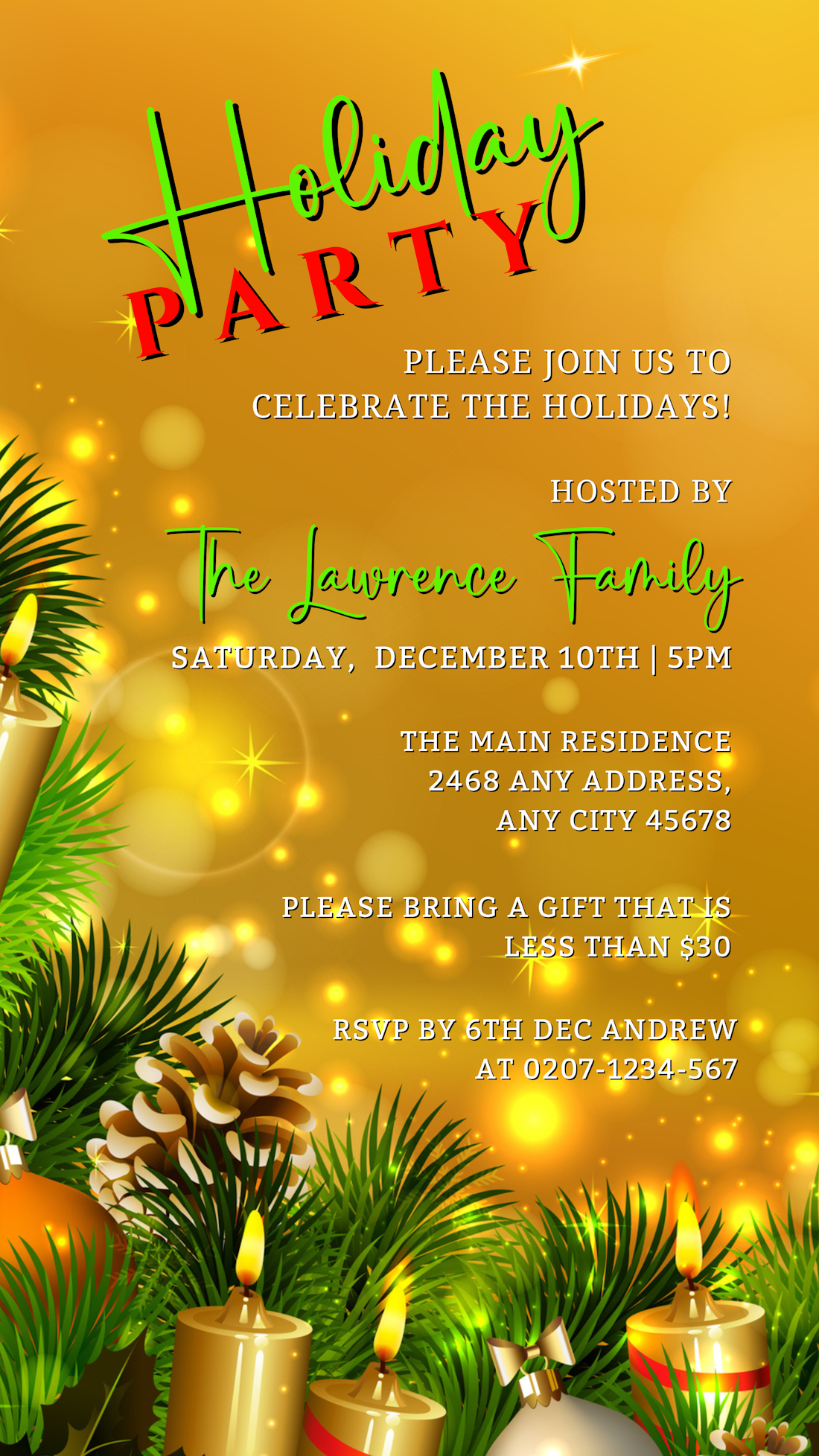 Gold Candles Ornaments Christmas Party Evite featuring pine cones, lights, and editable text. Digital template for easy customization and electronic sharing via Canva.