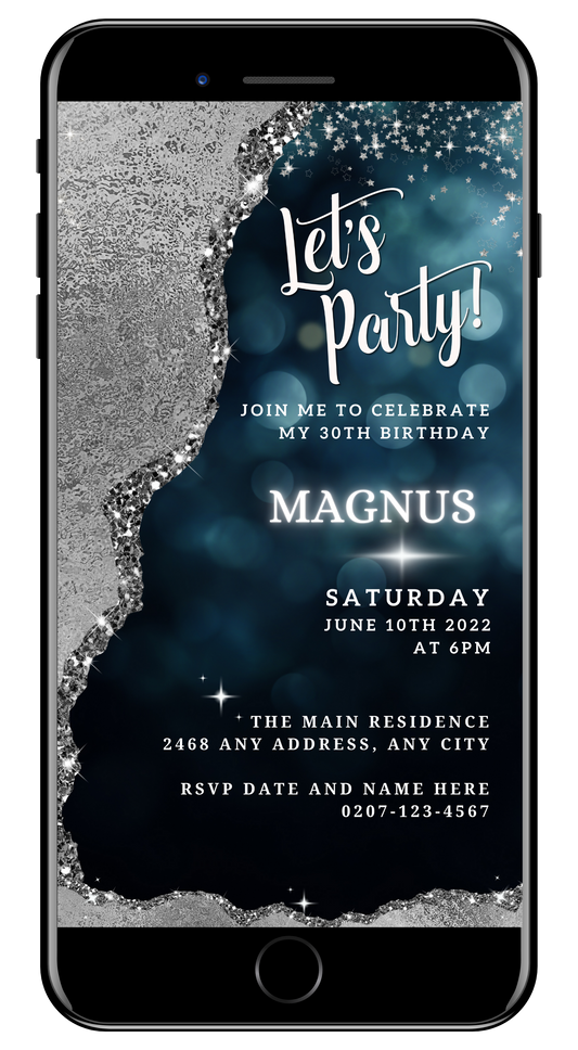 Navy Silver Glitter Editable Birthday Evite displayed on a smartphone screen with customizable text and design elements.