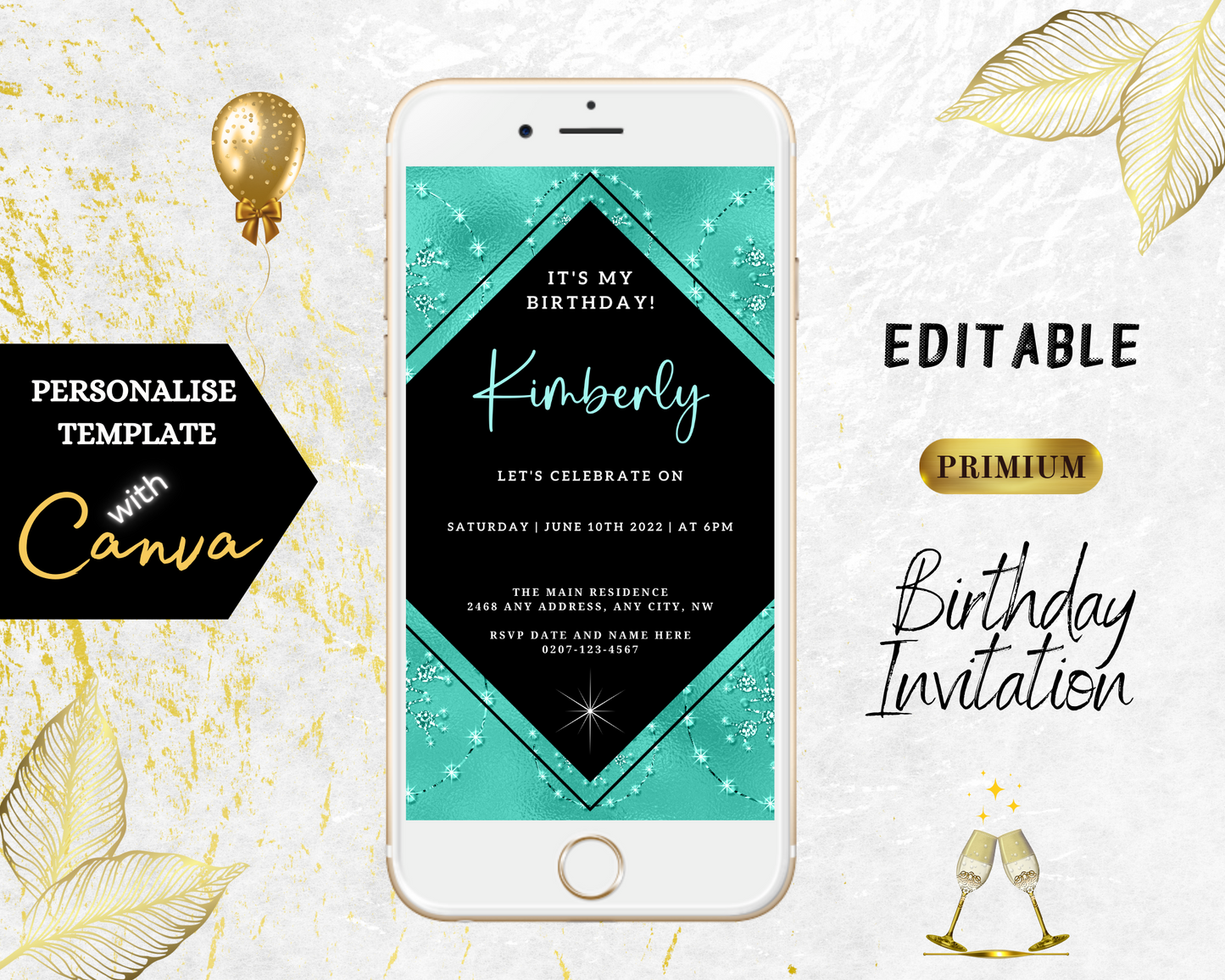 Teal Black Diamond Crystal Editable Birthday Evite displayed on a smartphone screen, showcasing customizable text and design for digital invitations.