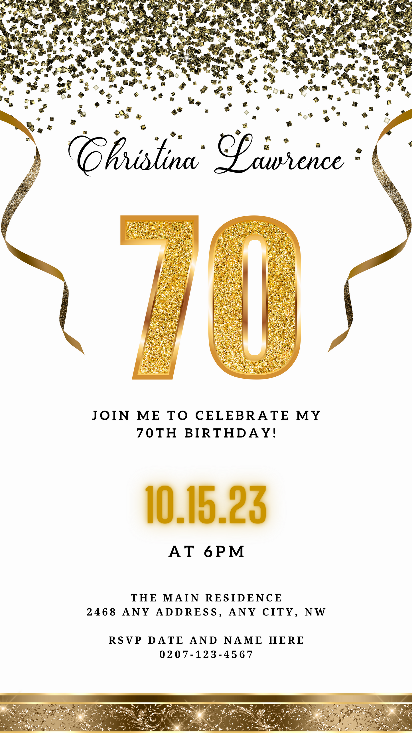 Customisable Digital White Gold Confetti | 70th Birthday Evite featuring gold numbers and ribbons, perfect for personalising and sharing via smartphones.