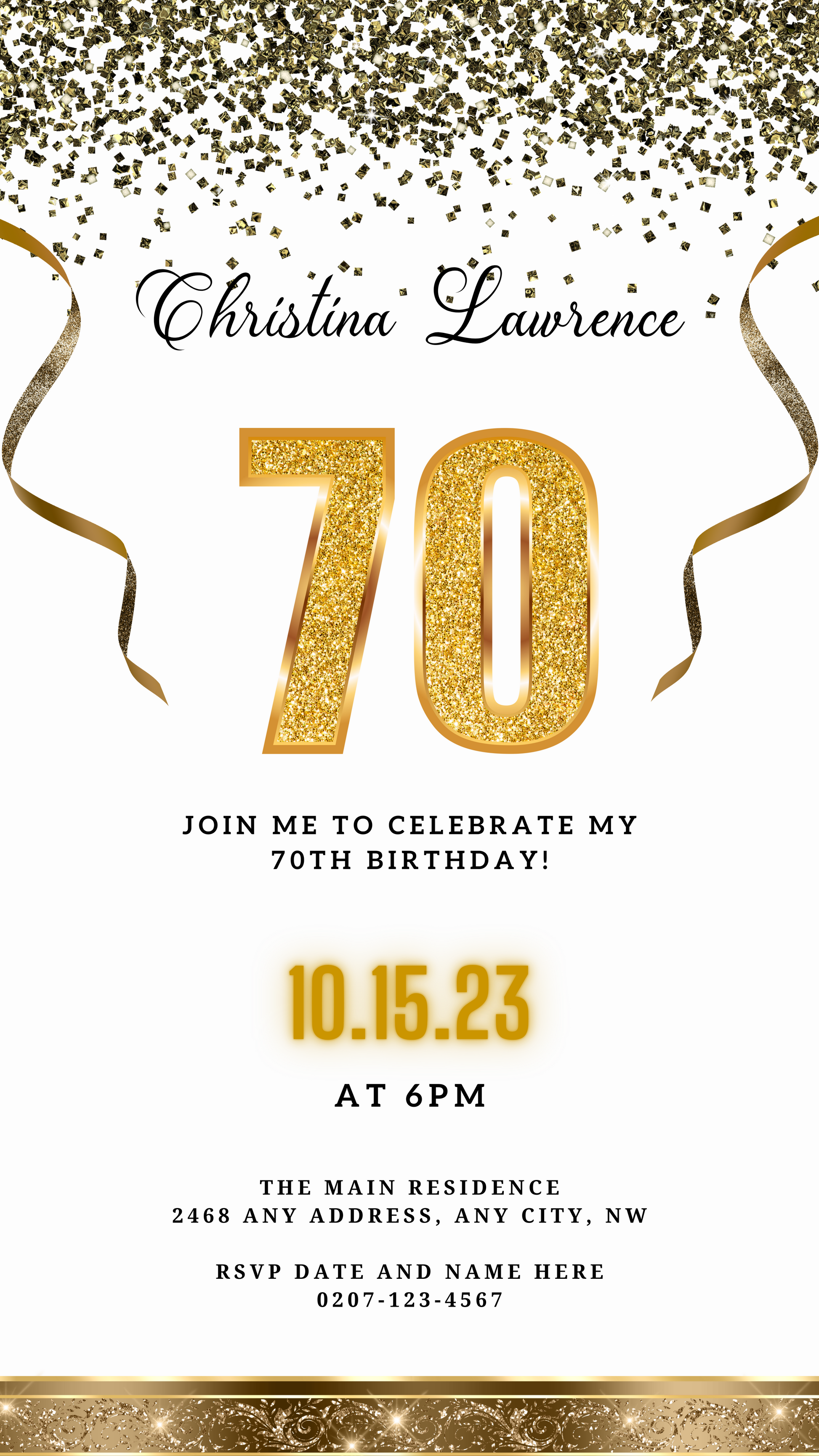 Customisable Digital White Gold Confetti | 70th Birthday Evite featuring gold numbers and ribbons, perfect for personalising and sharing via smartphones.