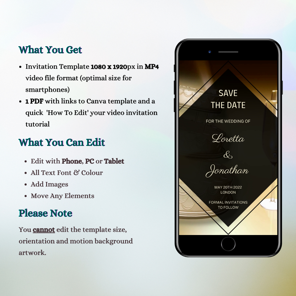 Champagne Cake Themed Save The Date Video Invitation displayed on a smartphone screen with editable event details, customizable via Canva for electronic sharing.