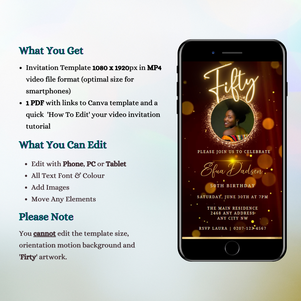 Cell phone displaying a customizable Maroon Gold Neon 50th Birthday Video Invitation template with a woman's photo, ready for editing on Canva.